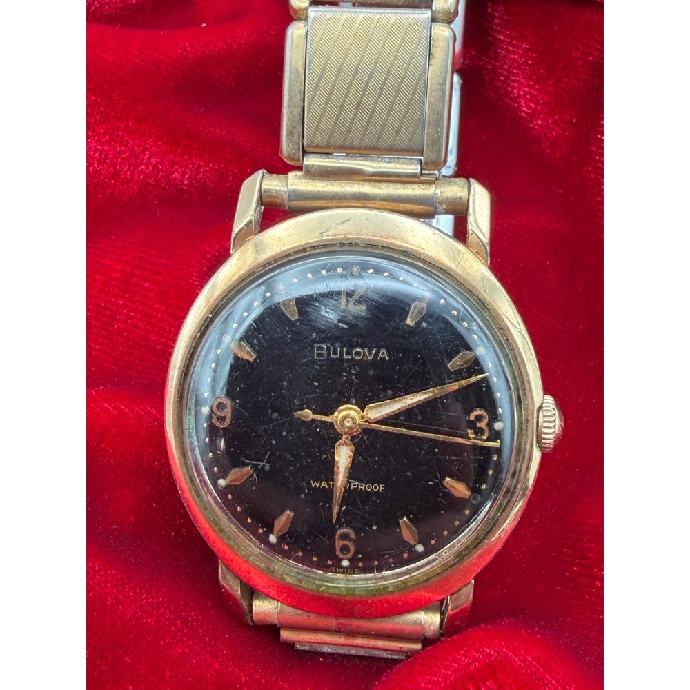 Vintage Bulova Watch 10K RGP Bezel Black Dial Waterproof Swiss M1 F232945